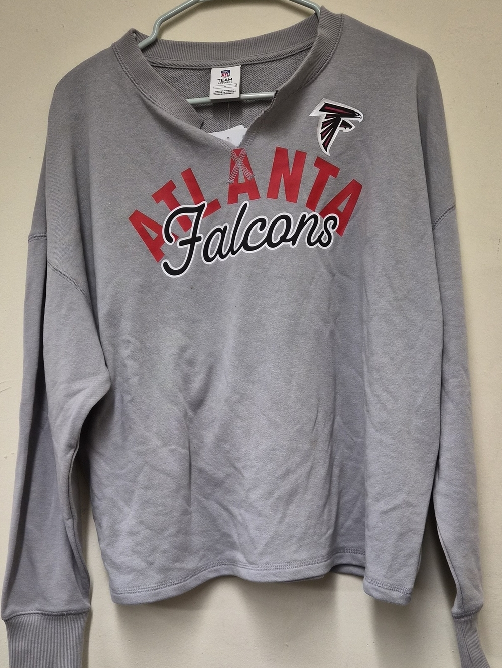 NFL Gray Atlanta Falcons Pullover Sweatshirt with Red and Black Logo Size L
